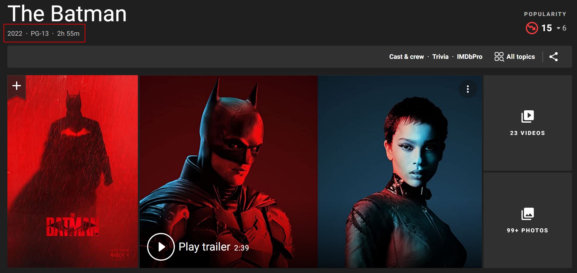 《新蝙蝠侠》影片时长2小时55分钟，将于3月4日在北美上映。