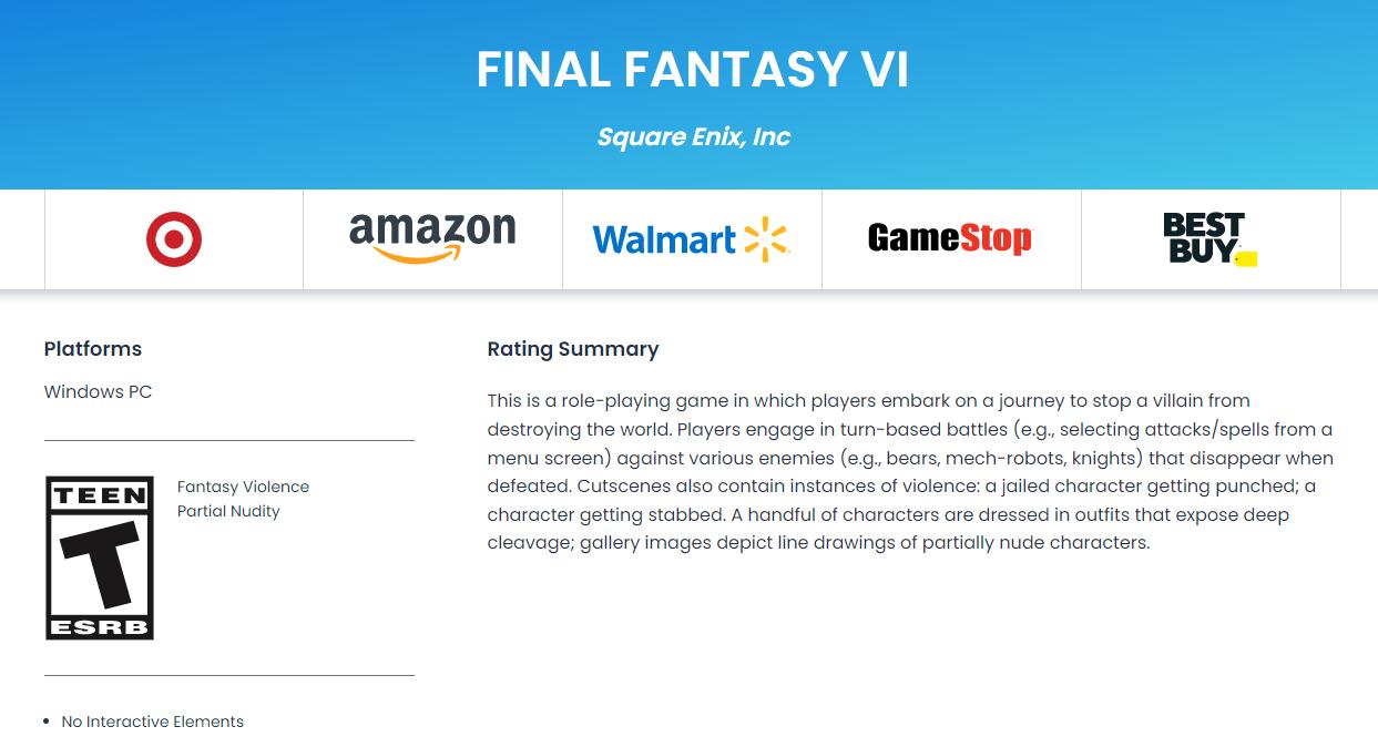 《最终幻想6像素复刻版》通过ESRB评级，2月上市。