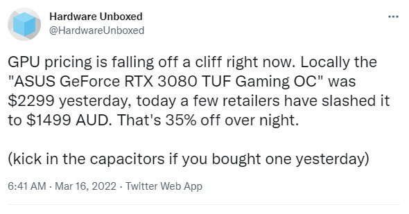 RTX3080在澳大利亚一夜之间降价35% 闪崩的节奏