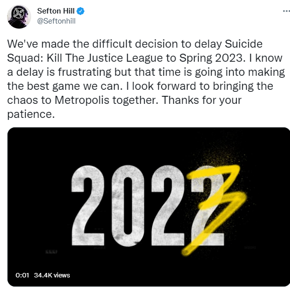 《自杀小队：杀死正义联盟》官方公告跳票将于2023年春季发售。