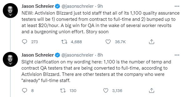 彭博社：动视暴雪1100名QA临时工将全部转正