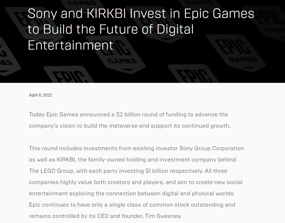 Epic再获索尼10亿美元投资 打造元宇宙