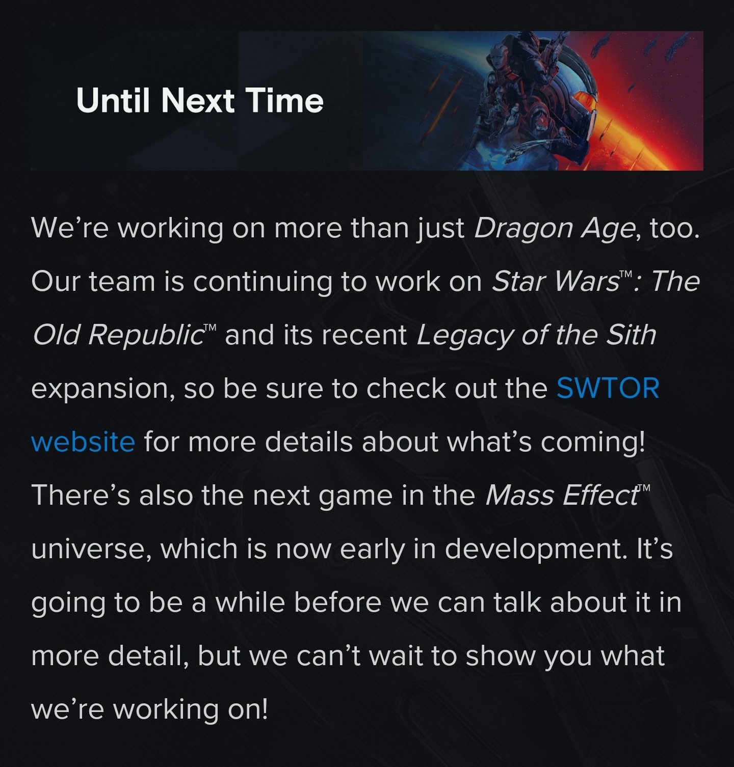 Bioware：《质量效应4》进入早期开发 《龙腾世纪4》找到合适开发工具