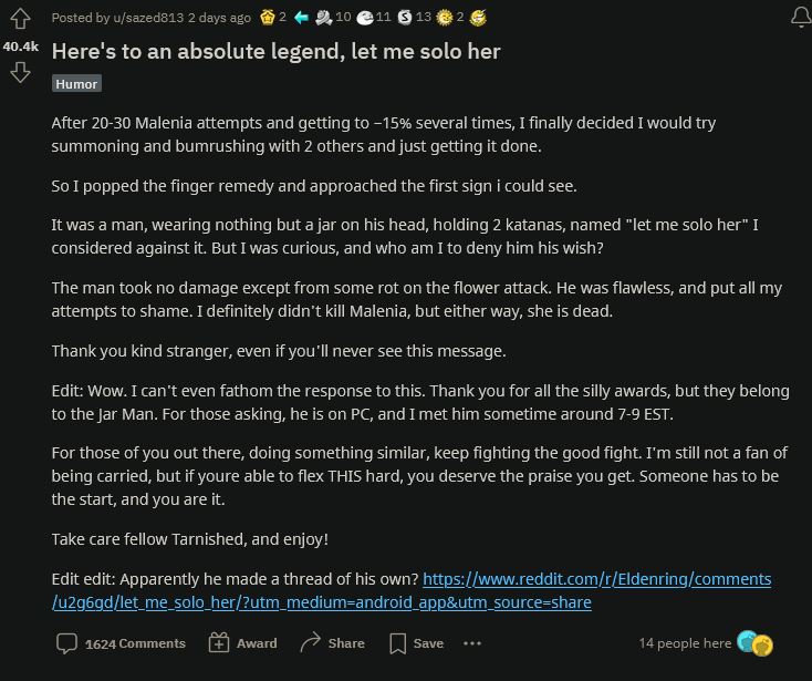 英雄的诞生 《艾尔登法环》单挑哥传说引玩家热议