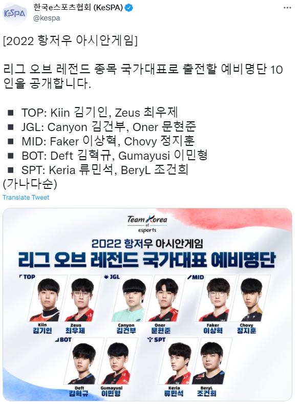 LOL亚运会韩国队初选名单公布T1主力全部入选