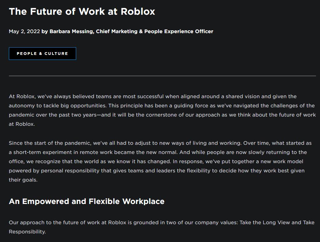 Roblox引入弹性工作选项 员工可完全远程办公