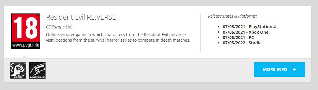 《生化危机RE：Verse》 Stadia版本通过了欧洲PEGI评级。