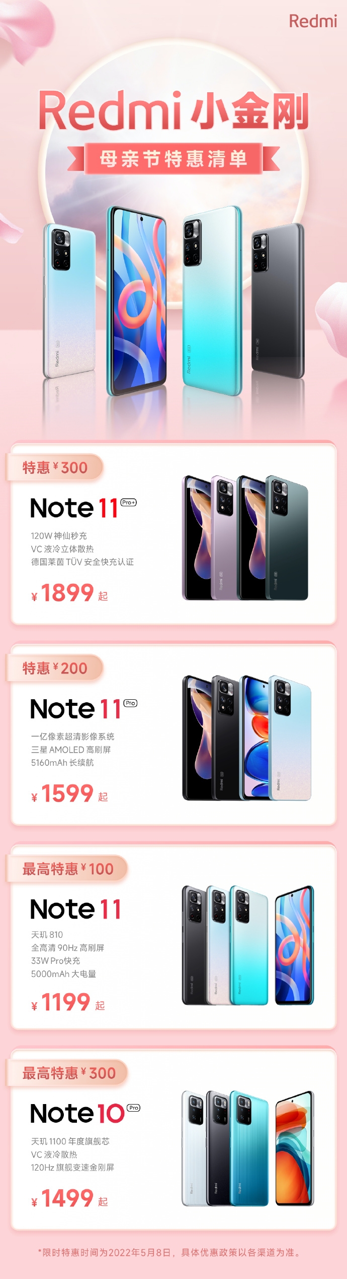 Redmi  Note  10/11系列母亲节官宣降价：1199元起