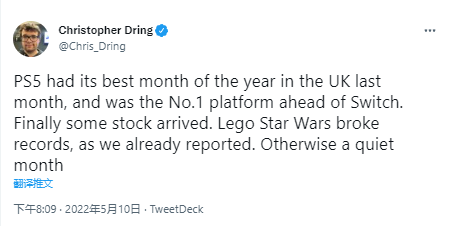 GI。Biz表示，PS5在4月份超过NS成为英国第一大硬件销售商。