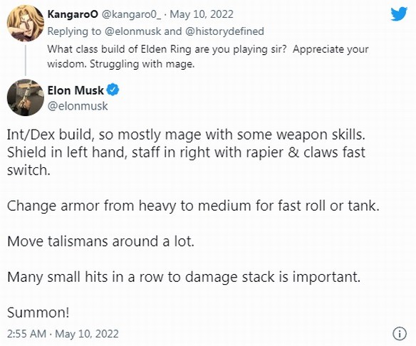 想不到马斯克也玩《艾尔登法环》 用的是法师构筑