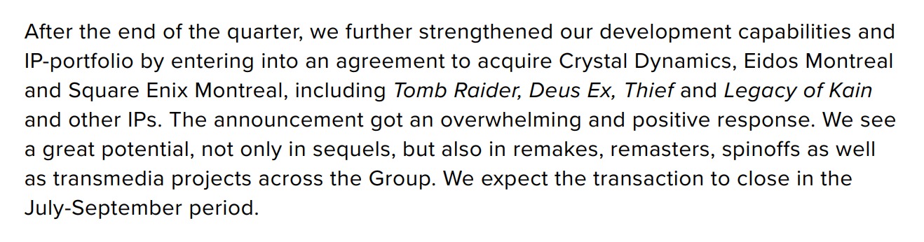 Embracer：收购的SE IP将有续作、衍生作、重制和复刻