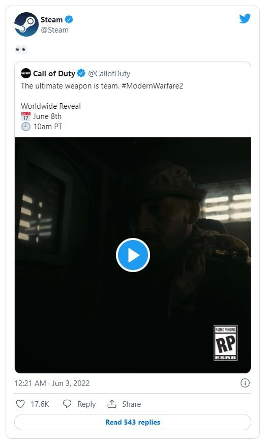 Steam官推暗示《CoD19：现代战争2》将登Steam