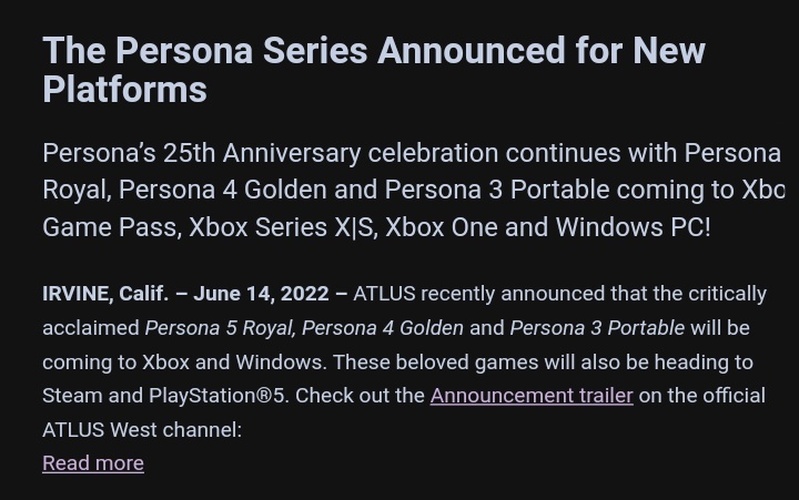 《女神异闻录5R》《女神异闻录4黄金版》等还将登Steam和PS5