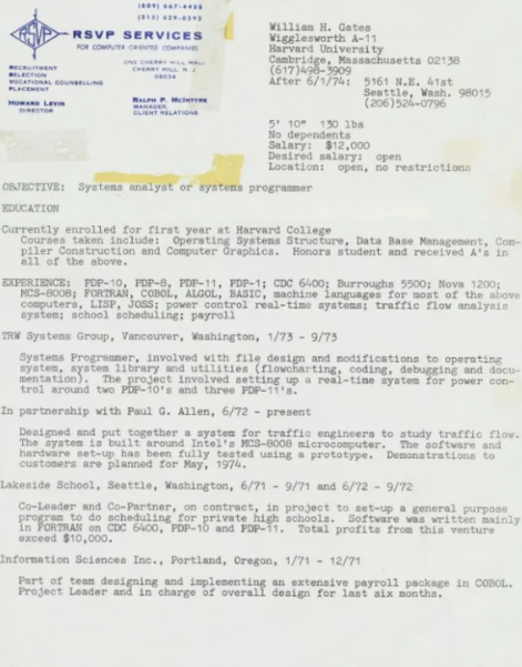 比尔・盖茨晒48年前简历 当年新毕业期望月薪达1.2万美元