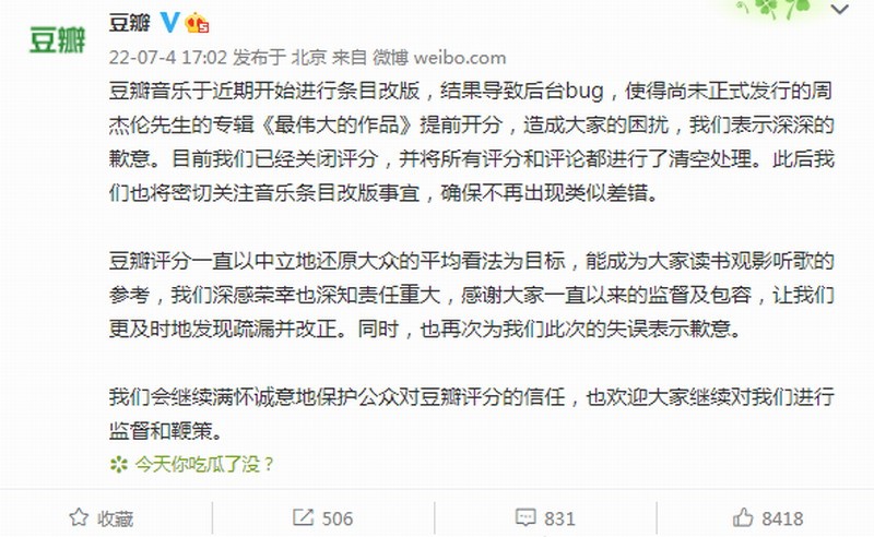 豆瓣为周杰伦新专辑未发行即开分道歉：后台bug导致