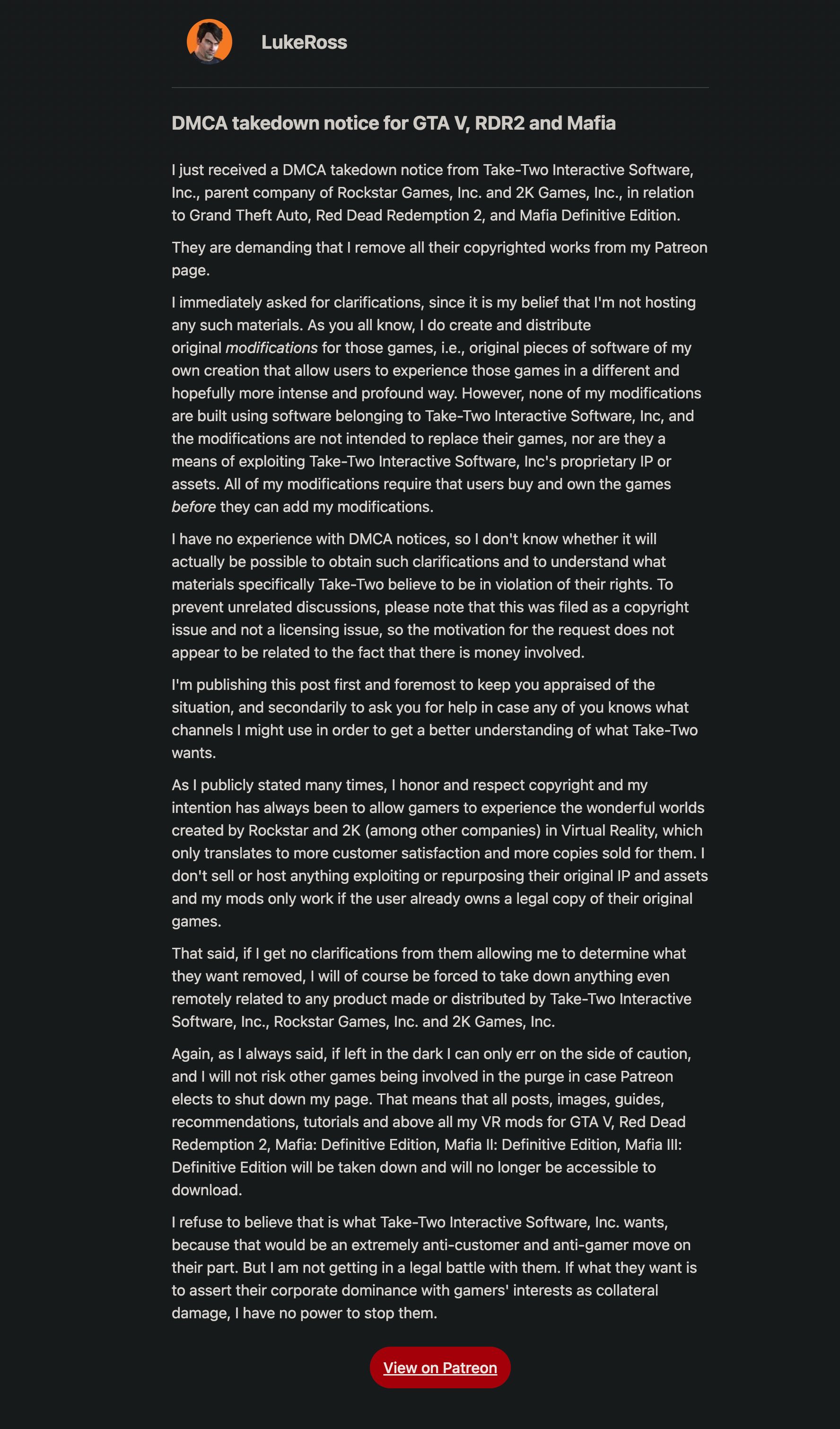 T2发出删除通知 要求《GTA5》《荒野大镖客2》VR模组作者停止开发