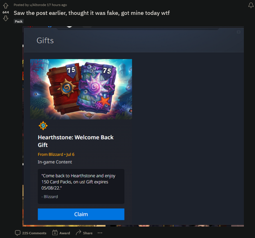 《炉石传说》个别回归玩家获得150卡包回归礼包