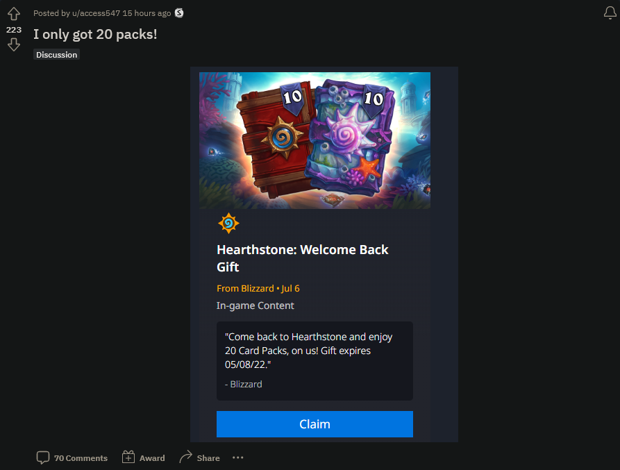 《炉石传说》个别回归玩家获得150卡包回归礼包