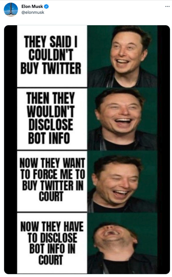 马斯克发表情包回应推特起诉：先是不让我买，现在又强迫我买