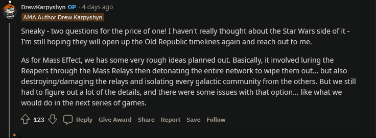 前BioWare编剧讨论《质量效应》三部曲早期结局构思