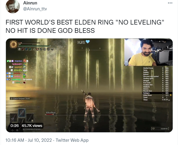 《艾尔登法环》高能玩家伟业达成 不升级无伤2.5小时通关