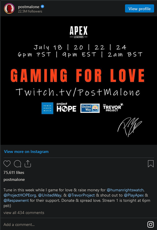 著名歌手波兹·马龙将与《Apex》合作举办慈善直播