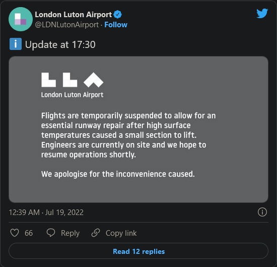 全球高温 英国卢顿机场跑道因高温变形航班停飞