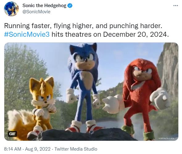 Sonik官方:电影《刺猬索尼克3》2024年12月20日上线