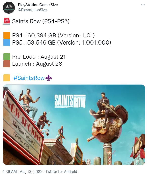 《黑道圣徒：重启版》PS5文件大概53GB，8月21日预装打开。