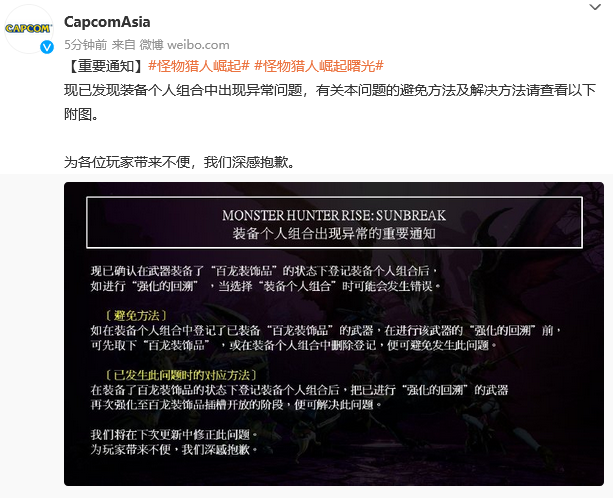 《怪物猎人：崛起》设备个人组合异常通知下次更新修复。