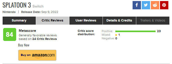 《斯普拉遁3》媒体评分M站84。