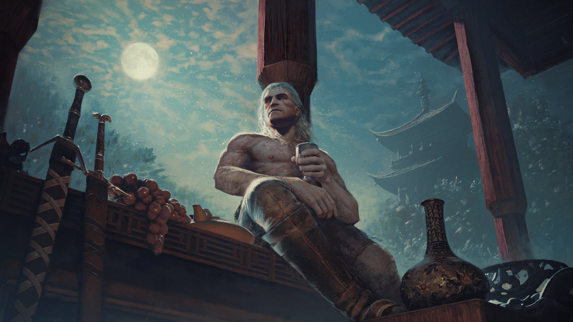 CDPR发布中秋祝福语，半裸白狼月下独酌。