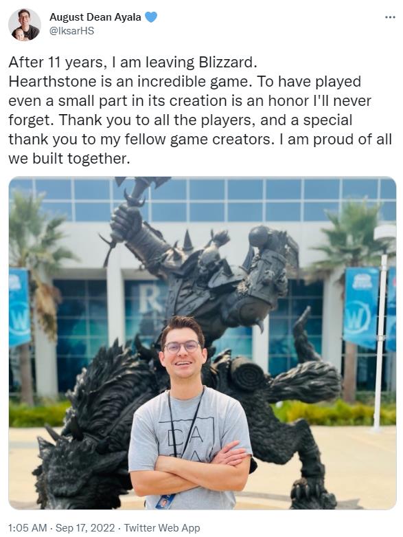 《炉石传说》导演兼游戏设计师DeanAyala离职，从事开发《魔兽世界》
