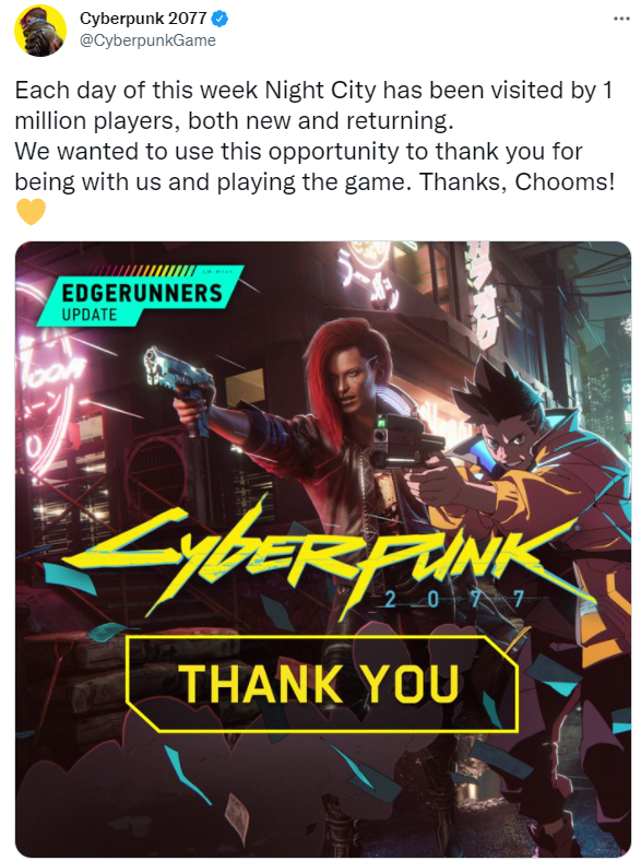 《赛博朋克2077》每周都有超百万玩家回官帖感谢。