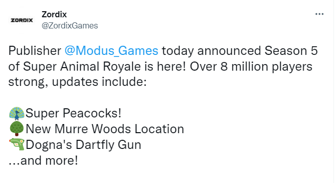 《超级动物大逃杀》玩家人数已突破800万。第五季现在已经开始了。