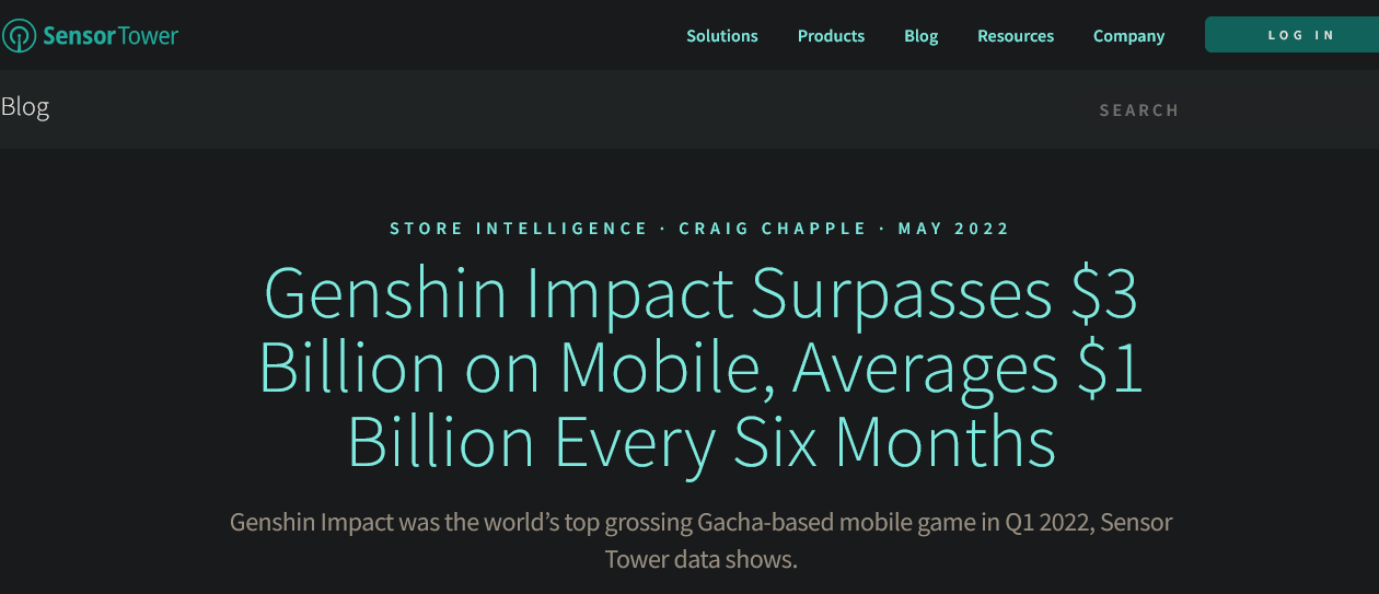 传感器塔:《原神》2周年终身收入37亿美元全球手游第三。