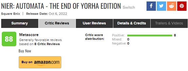 《尼尔：机械纪元》Switch版在M站平均得分88分。