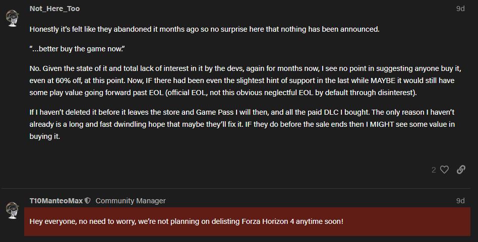 官方澄清《极限竞速：地平线4》即将下架:短期内不会发生。