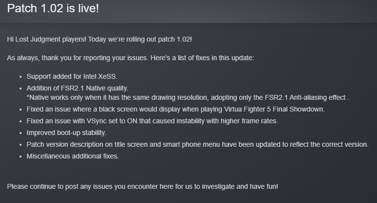 《审判之眼/逝》XeSS技术支持已添加到在线修补程序1.02中。