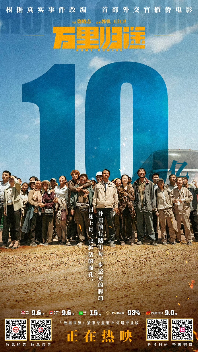 9.6分好评:首部撤侨电影票房破10亿，预计冲击22亿。