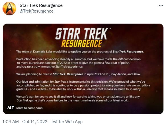 《星际迷航：复苏》官方宣布推迟明年4月发售。