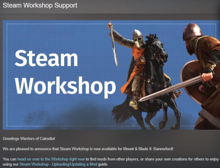 《骑马与砍杀2：霸主》现在，创意工坊正式版已经支持10月25日上线。