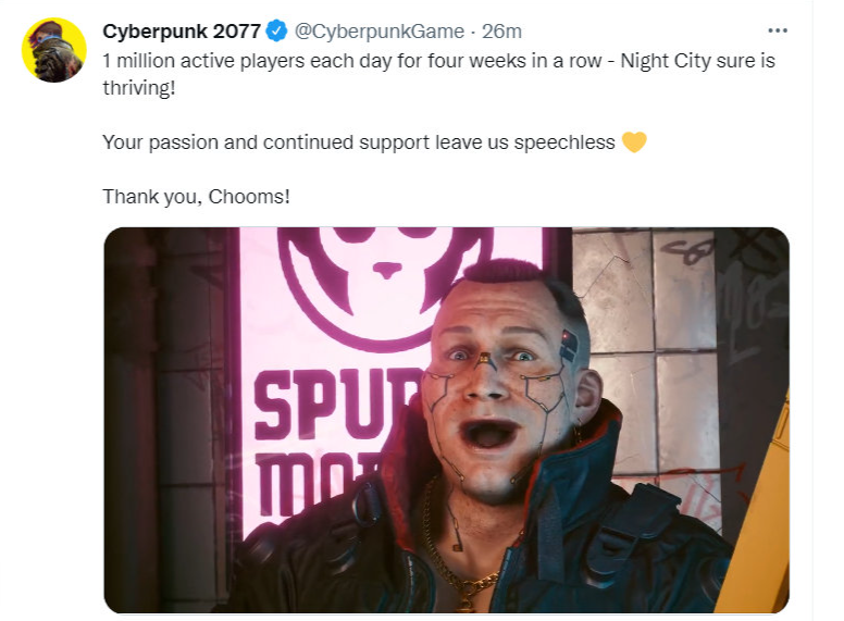 官方:《赛博朋克2077》日活跃人数连续四周达到100万。