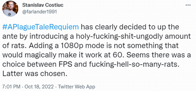 开发者吐槽《瘟疫传说：安魂曲》宁愿要满屏鼠标也不要60帧。
