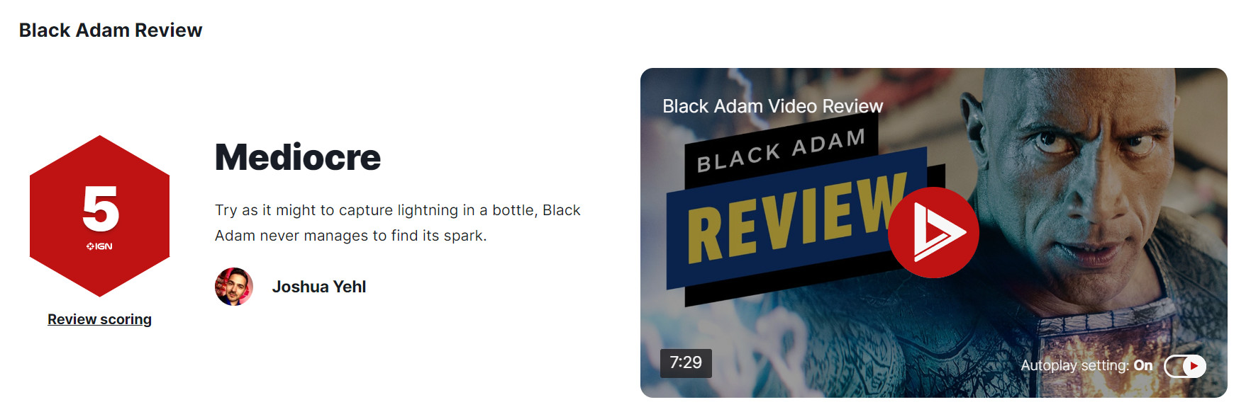 《黑亚当》真人电影IGN5分烂番茄新鲜度47%