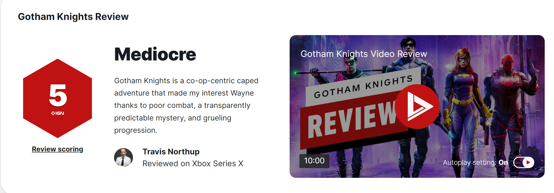 《哥谭骑士》第一批成绩出炉:IGN5分，GameSpot4分。