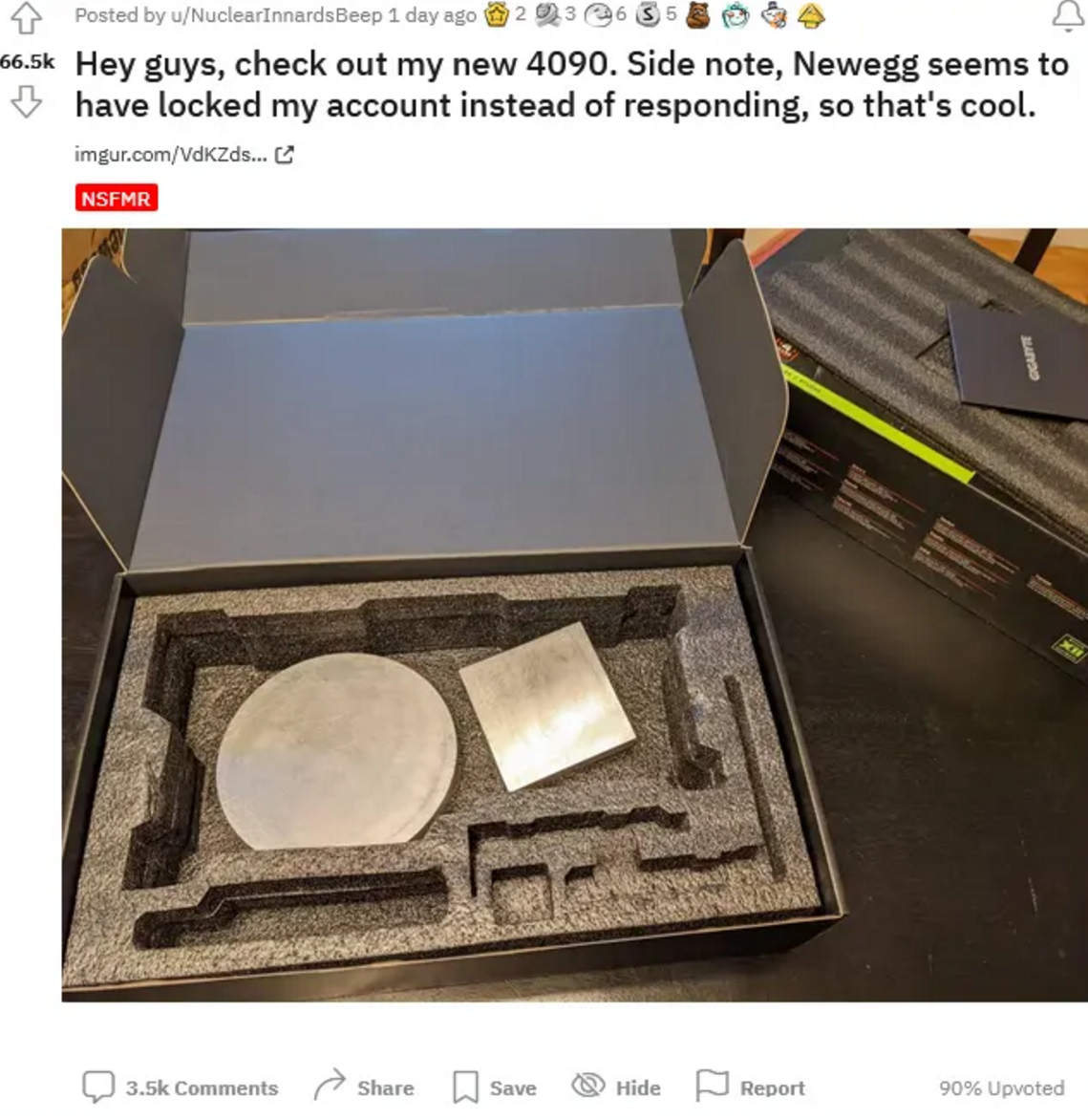 外国男子购买RTX4090，赢得配重，投诉被禁账号。