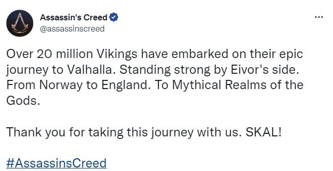 《刺客信条：英灵殿》新里程碑玩家人数突破2000万。