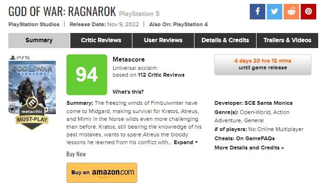 《战神：诸神黄昏》MC给超过94家媒体打了满分。