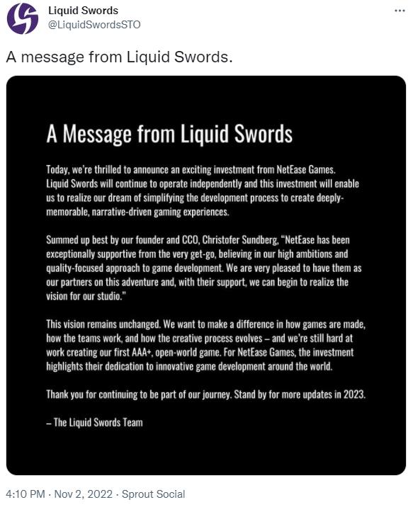 LiquidSwords工作室由网易投资开发首款开放世界3A游戏。